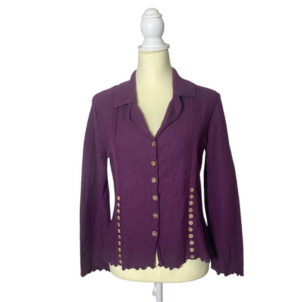 Willow 100% Cotton Purple Button Front Knit Lagenlook Sweater Women's Size Small